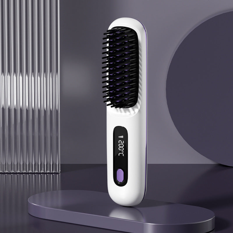 2-in-1 Wireless Hair Straightener Brush – Fast Heating Portable Comb & Curler with USB Charging