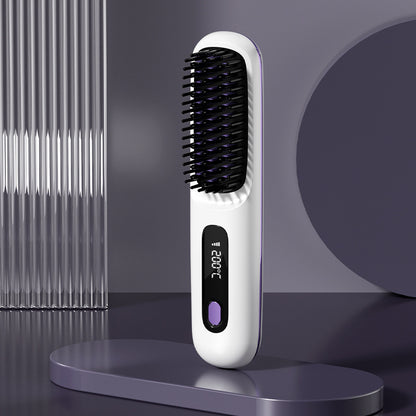 2-in-1 Wireless Hair Straightener Brush – Fast Heating Portable Comb & Curler with USB Charging