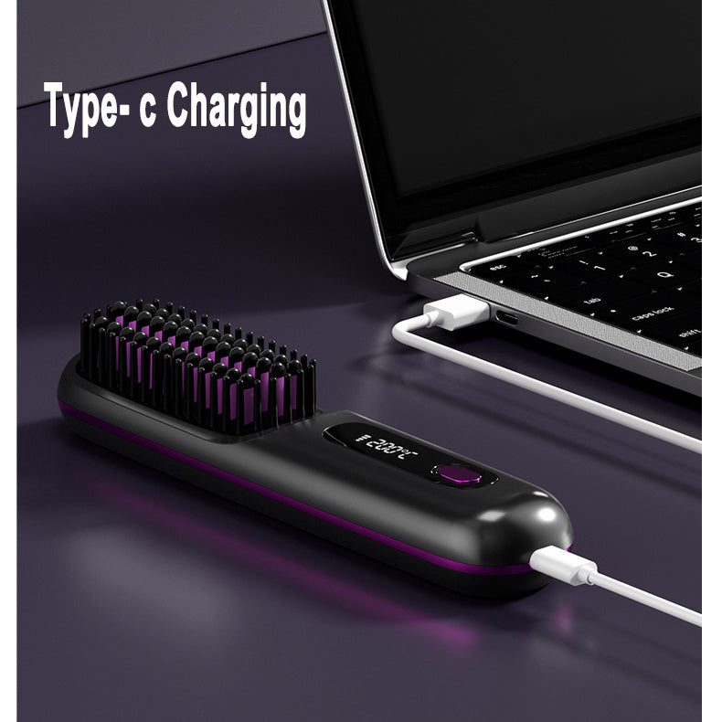 2-in-1 Wireless Hair Straightener Brush – Fast Heating Portable Comb & Curler with USB Charging