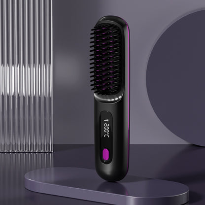 2-in-1 Wireless Hair Straightener Brush – Fast Heating Portable Comb & Curler with USB Charging