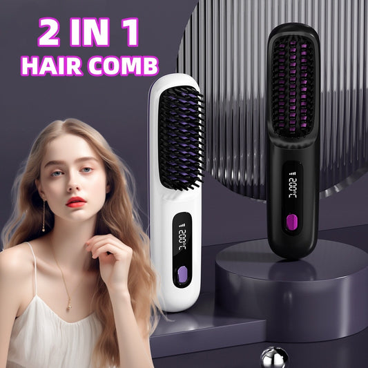 2-in-1 Wireless Hair Straightener Brush – Fast Heating Portable Comb & Curler with USB Charging