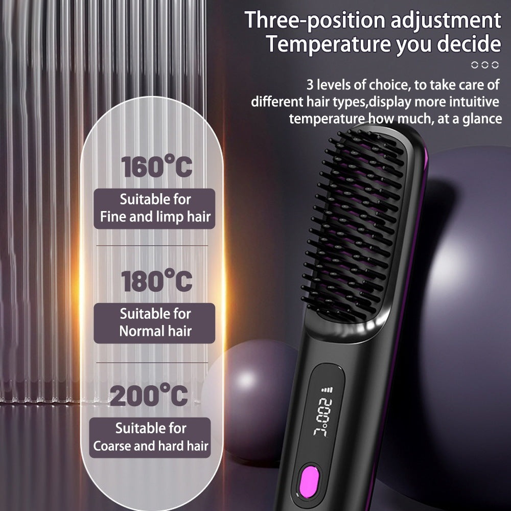 2-in-1 Wireless Hair Straightener Brush – Fast Heating Portable Comb & Curler with USB Charging